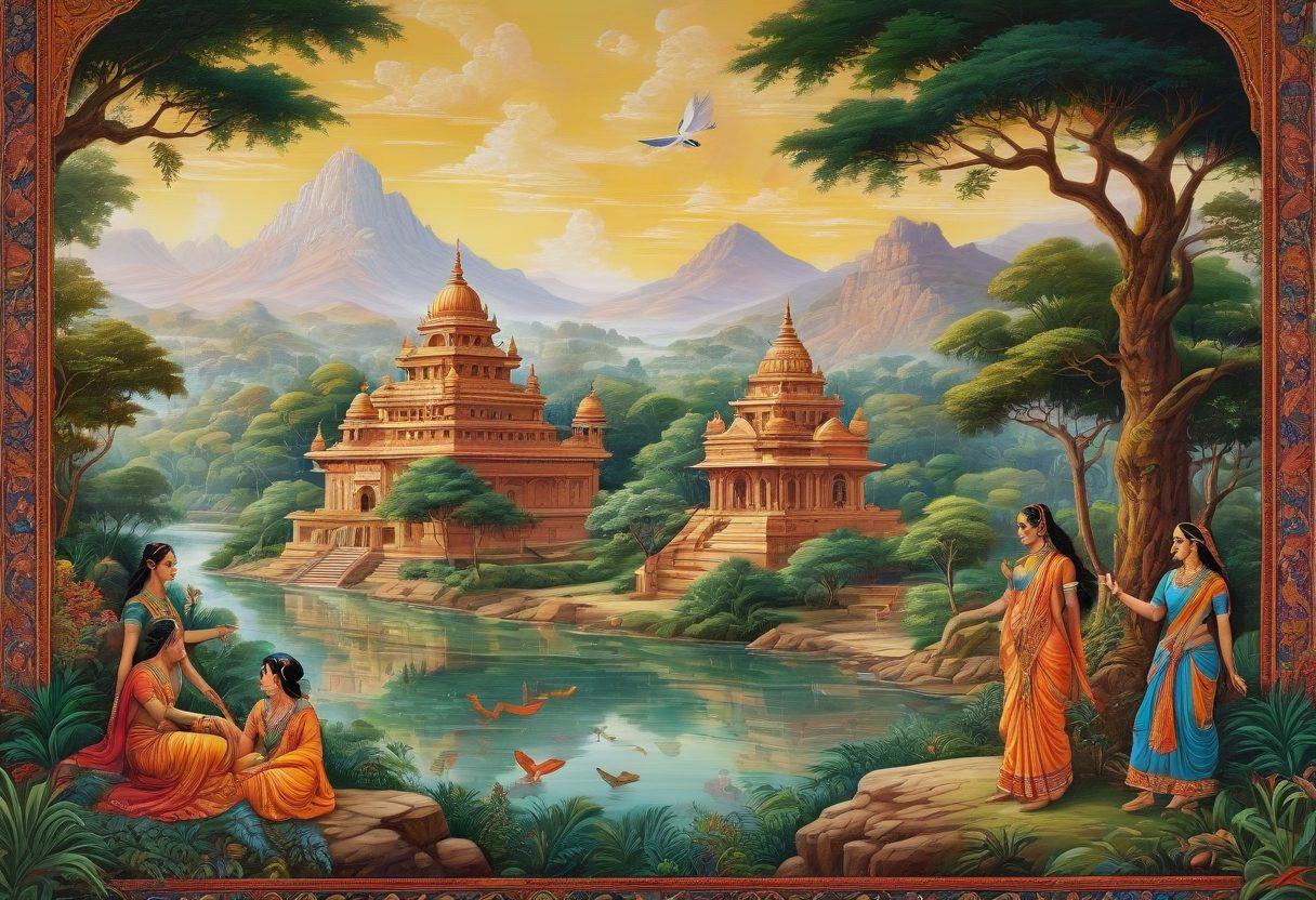 An intricate tapestry depicting scenes from various Indian mythical stories, with vibrant characters like gods, goddesses, and mythical creatures, woven into a rich landscape showcasing India's diverse culture. In the background, ancient temples and lush forests symbolize the depth of India's narrative literature. The palette should be warm and inviting, with a touch of mystique, reflecting the essence of storytelling. Art style: vibrant colors, intricate details, painting.